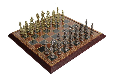 Italfama Florentine Metal Chess Set, Leather Board with Glass Top, Italy