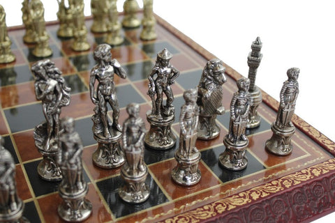Italfama Florentine Metal Chess Set, Leather Board with Glass Top, Italy