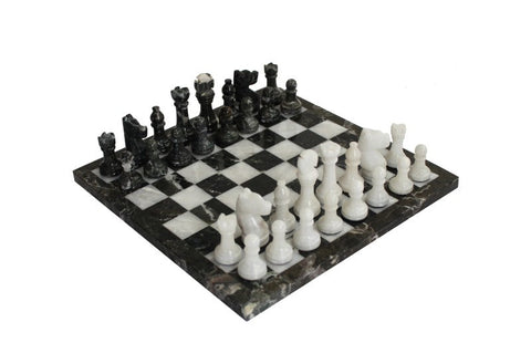 Handmade Black and White Marble Chess Set with Leather Case by Italfama