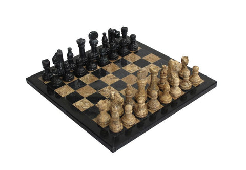 Italfama Black & Fossil Brown Marble Chess Set with Leather Case, Italy