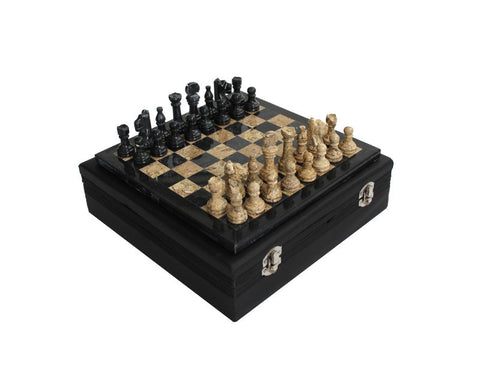 Italfama Black & Fossil Brown Marble Chess Set with Leather Case, Italy