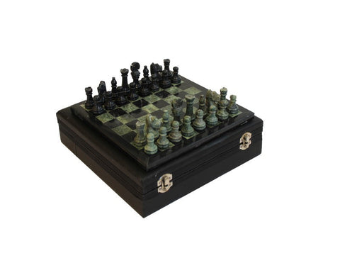 Italfama Italian Black Green Marble Chess Set 23cm with Case