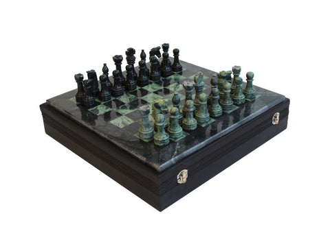 Italfama Green Black Marble Chess Set 30cm Onyx Board Leather Case Italy