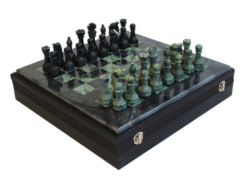 Italfama Handmade Black & Green Marble Chess Set 40cm Board with Case