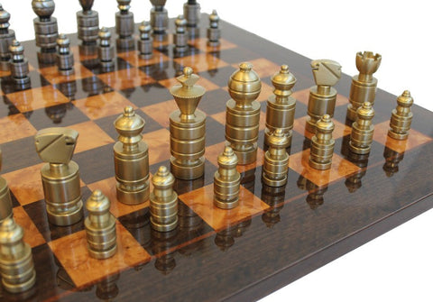 Italfama Brass Chess Set with Luxury Brown Wood Board Made in Italy