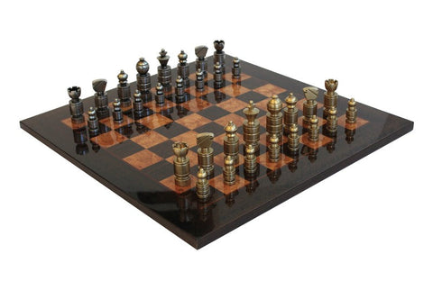 Italfama Brass Chess Set with Luxury Brown Wood Board Made in Italy