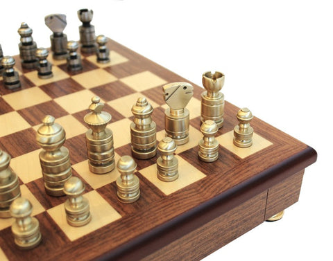 Italfama Luxury Brass Chess Set with Mahogany Board and Storage Drawer