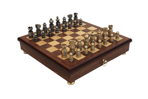 Italfama Luxury Brass Chess Set with Mahogany Board and Storage Drawer
