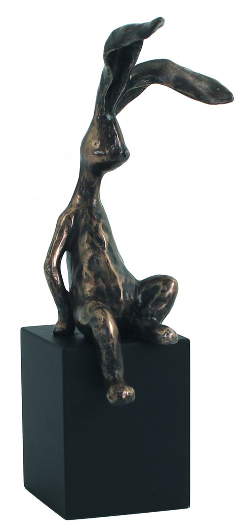Italfama Bronze Resin Rabbit Statue on Cube Base 17cm Made in Italy