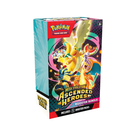 Pokémon Mega Evolution Ascended Heroes booster bundle packaging on a white background