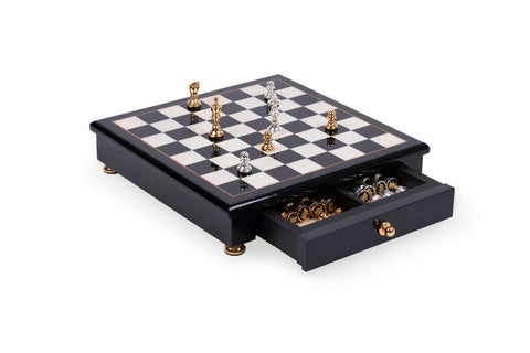 Italfama Brass Chess Set Gold Silver Plated Wood Board Drawer 32cm