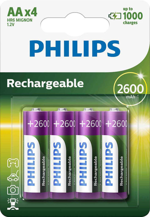 4x Philips AA Rechargeable Batteries NiMH 2600mAh 1.2V HR6 Mignon