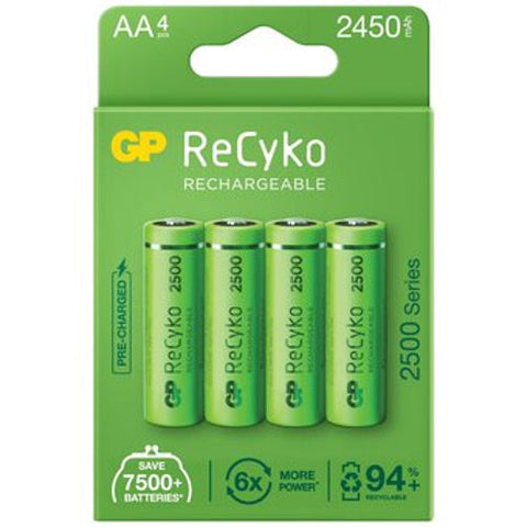 4x GP ReCyko AA 2450mAh NiMH Rechargeable Batteries 1.2V 4-Pack Pre-Charged