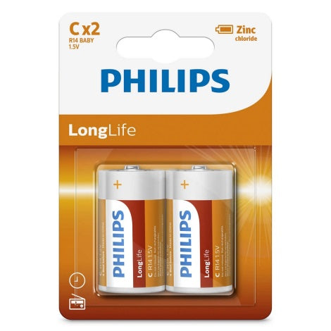 2 Philips Longlife C Batteries R14 Baby Zinc Chloride 1.5V 2Bl NEW
