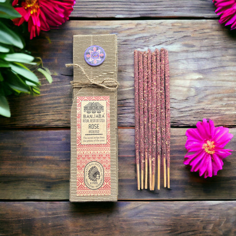 8x Banjara Rose Resin Incense Sticks 20cm Long Burning Floral Ritual Aroma