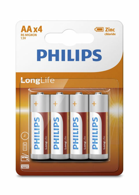 4 Philips Longlife Aa Batteries Zinc Chloride Mignon R6 1.5V 4Bl NEW