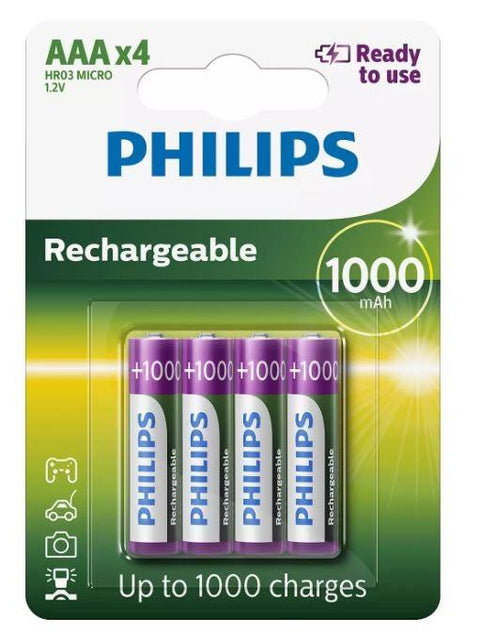 4 Philips Rechargeable Aaa Batteries Nimh Hr03 1000 Mah Battery 4Bl 1.2V NEW