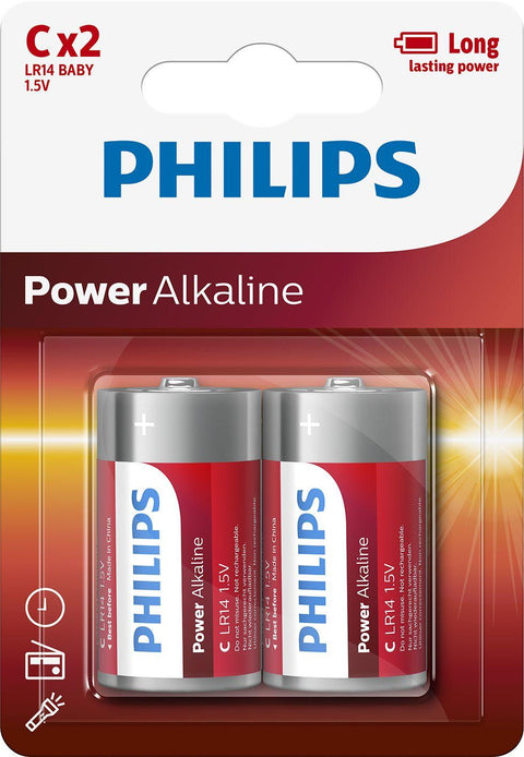 2x Philips Power Alkaline C Batteries 1.5V LR14 MN1400 Long Lasting