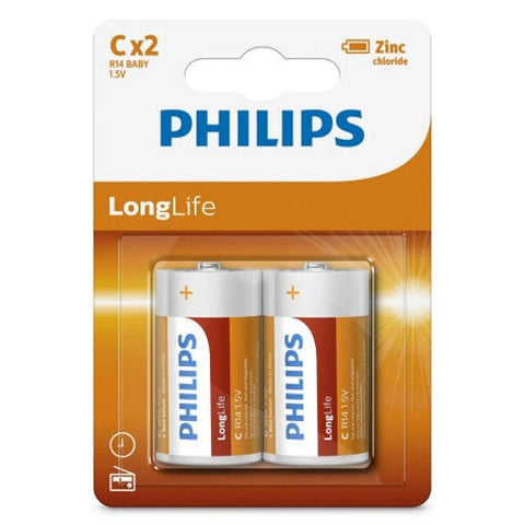 2x Philips LongLife C Batteries R14 1.5V Zinc Chloride Baby Size