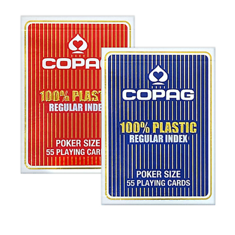 Two decks of Copag playing cards, one with a red back and the other with a blue back, both labeled as 100% Plastic Regular Index Poker Size 55 Playing Cards.
