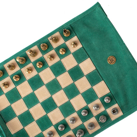 Manopoulos Forest Green Suede Roll-Up Travel Chess Set w/ Metal Chessmen