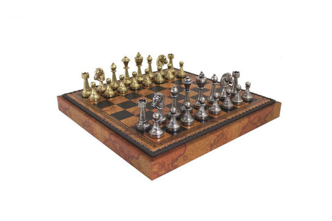 Italfama Metal Chess Set Faux Leather Board with Checkers & Backgammon