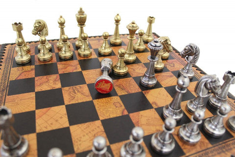 Italfama Metal Chess Set Faux Leather Board with Checkers & Backgammon