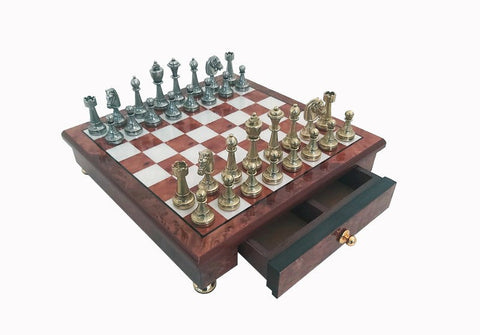 Italfama Metal Chess Set with Gloss Wooden Board & Storage Drawer