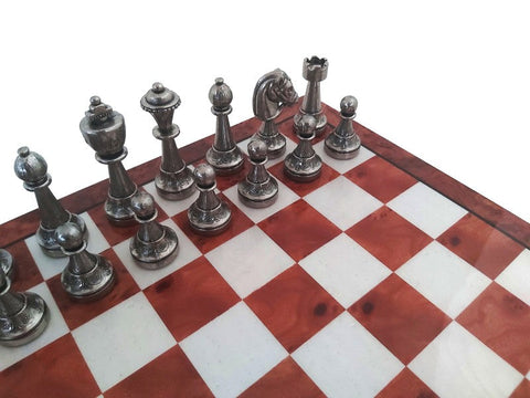 Italfama Metal Chess Set with Gloss Wooden Board & Storage Drawer
