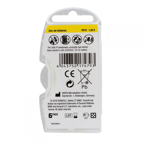 6x Duracell Activair Hearing Aid Batteries Size 10 Zinc Air 1.45V Mercury Free