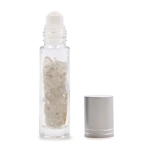 Refillable Clear Quartz Gemstone Essential Oil Roller Bottle, Silver Cap
