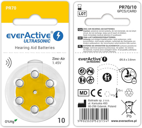 6x Everactive Ultrasonic Size 10 PR70 Hearing Aid Batteries 1.45V Zinc Air