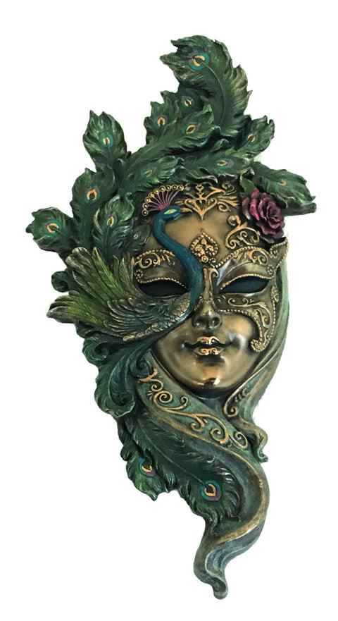 Venetian Peacock Mask Wall Decor, Bronze Resin, Handmade Italy 17x34cm Italfama