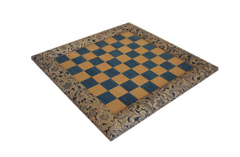 Italfama Blue Wood & Faux Leather Chess Board 39cm Handcrafted Italy