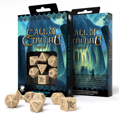 Q-Workshop Call of Cthulhu 7 Dice Set Beige with Black Engraving