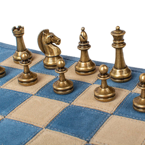 Manopoulos Denim Blue Suede Roll-Up Travel Chess Set w/ Metal Chessmen Greece