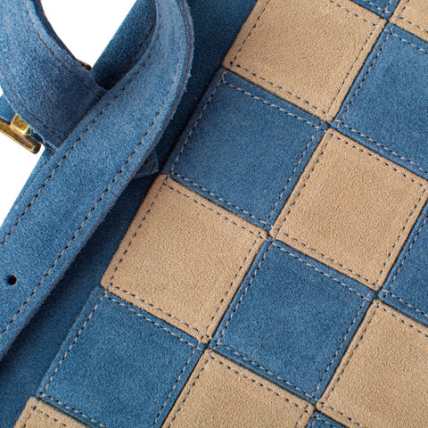 Manopoulos Denim Blue Suede Roll-Up Travel Chess Set w/ Metal Chessmen Greece