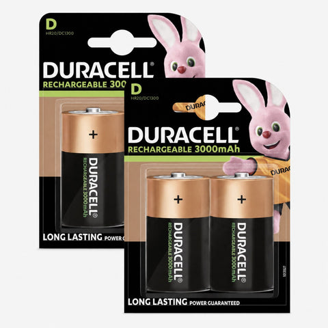 4x Duracell D Rechargeable Batteries 3000mAh NiMH HR20 DC1300 1.2V