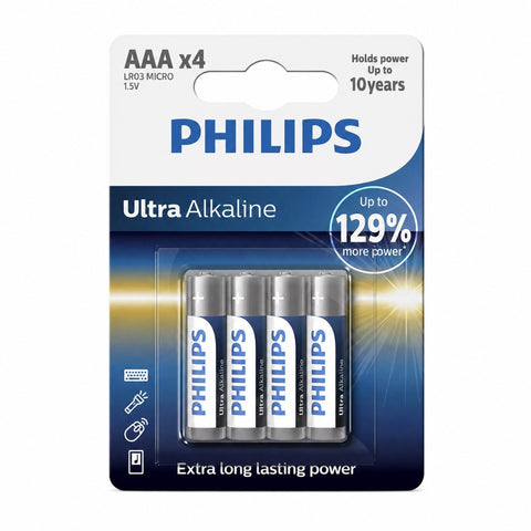 4x Philips Ultra Alkaline AAA Batteries 1.5V LR03 Micro Blister Pack