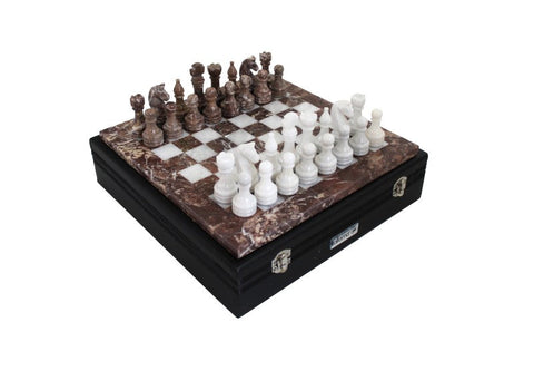 Italfama Pink & White Marble Chess Set 30cm Board with Leather Case Handmade