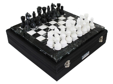 Italfama Black White Marble Chess Set with Leather Case, Handmade Italy