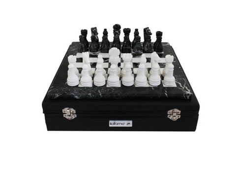 Italfama Black White Marble Chess Set with Leather Case, Handmade Italy