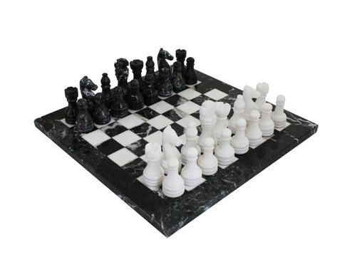 Italfama Black White Marble Chess Set with Leather Case, Handmade Italy