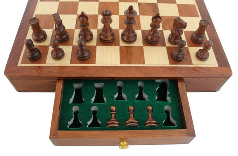 Handmade Mahogany Chess Set, Wooden Board 41x41cm, Drawer, Weighted, Italfama