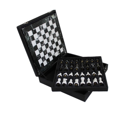 Italfama Black White Marble Chess Set with Leather Case, Handmade Italy
