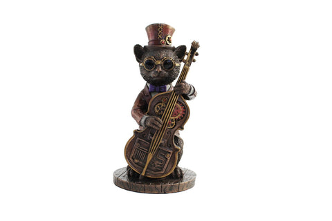 Steampunk Cat Playing Bass Guitar Statue, 13cm Bronze Resin, Italfama