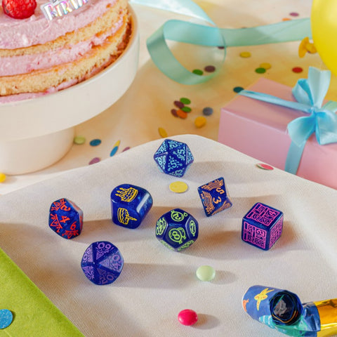 Q-Workshop Happy Birthday Streamers Dice Set 7pc Shimmering Blue RPG