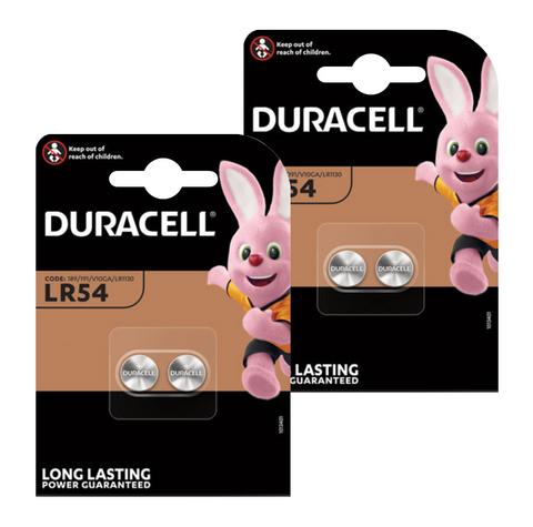 Two blister packs of Duracell alkaline LR54 batteries, with the brand's rabbit logo and product information displayed.