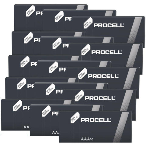 Multiple packs of Duracell Procell AAA alkaline batteries aligned in rows. Each battery is labeled with 'PROCELL' and the voltage '1.