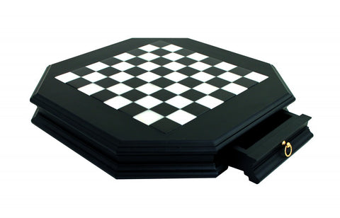 Octagonal Black Wood & Marble Chess Board with Drawer 46cm Italfama